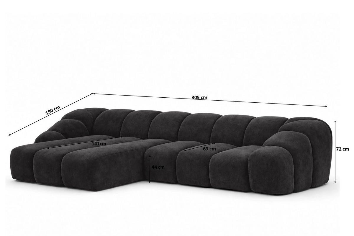 ECKSOFA Modulare L-Form, Veloursstoff Bluvel, Schwarz, Links, CROISSANT L - Schwarz, Holz (305/190cm) - Kaiser Möbel
