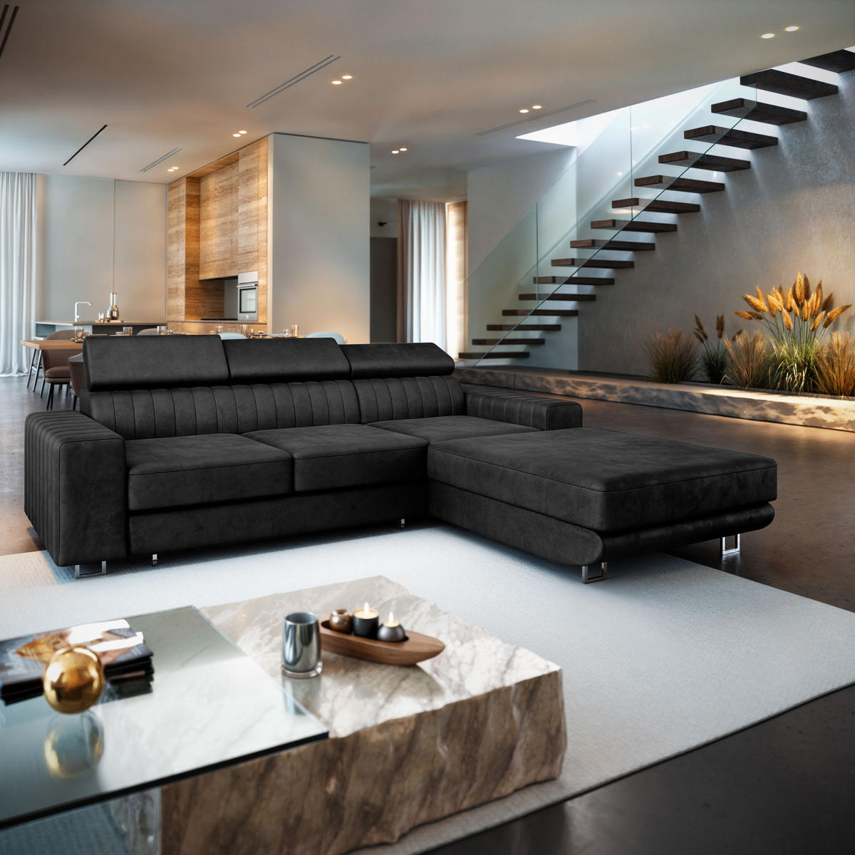 ECKSOFA NOTO R-S Schwarz Velours-Stoff mit Schlaffunktion - Schwarz, Holz (267/190cm) - MASSENO