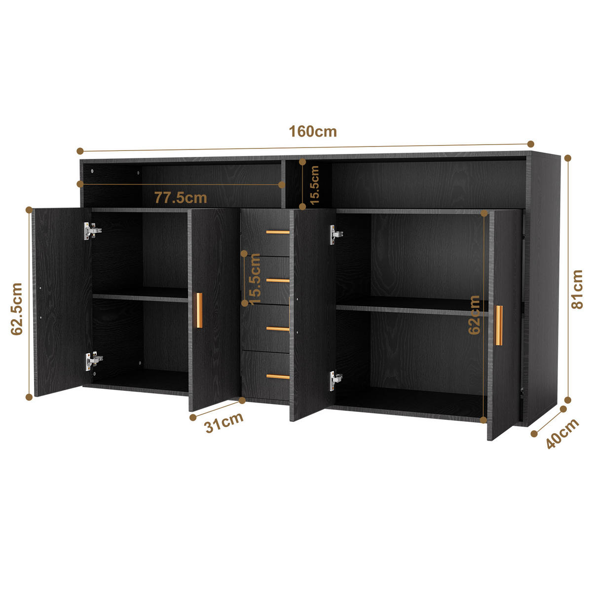 SIDEBOARD in 160/81/40cm - Schwarz, Holzwerkstoff/Metall (160/81/40cm) - HOMAVO