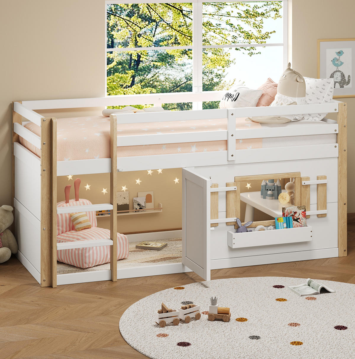ETAGENBETT 90/200 cm weiß aus Massivholz mit Leiter und Spielfläche - Weiß, Holzwerkstoff (90/200cm) - OKWISH