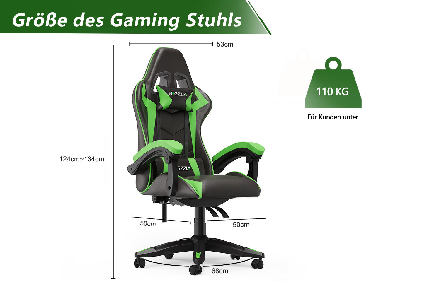 GAMING-STUHL ergonomisch, verstellbare Rückenlehne, Kissen – Grün - Grün, Leder (59/120/56cm) - Rattantree