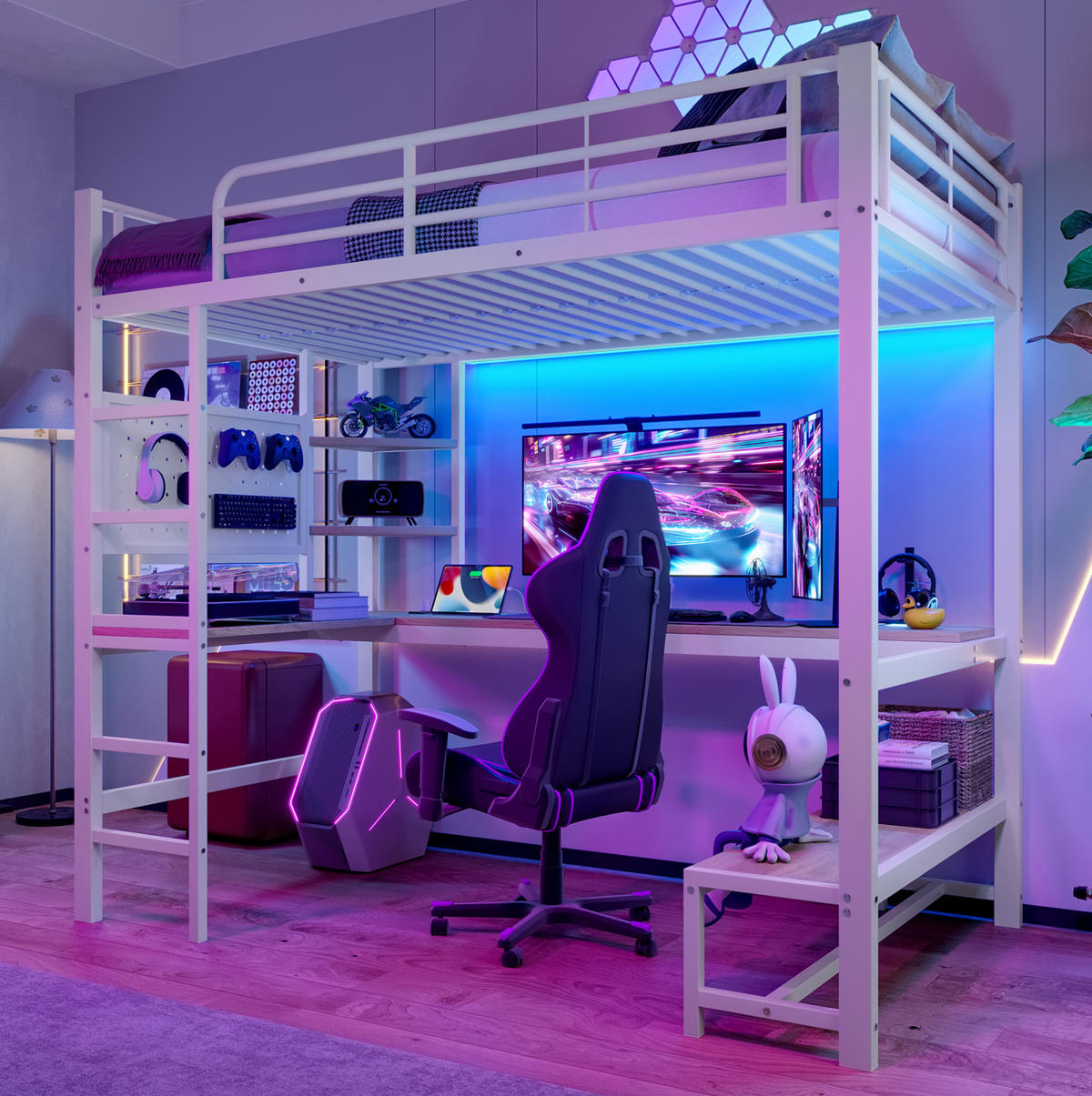 HOCHBETT 90/200 cm aus Metall und MDF mit Schreibtisch, LED und USB-C Weiß - Weiß, Metall (90/200cm) - Modenvie