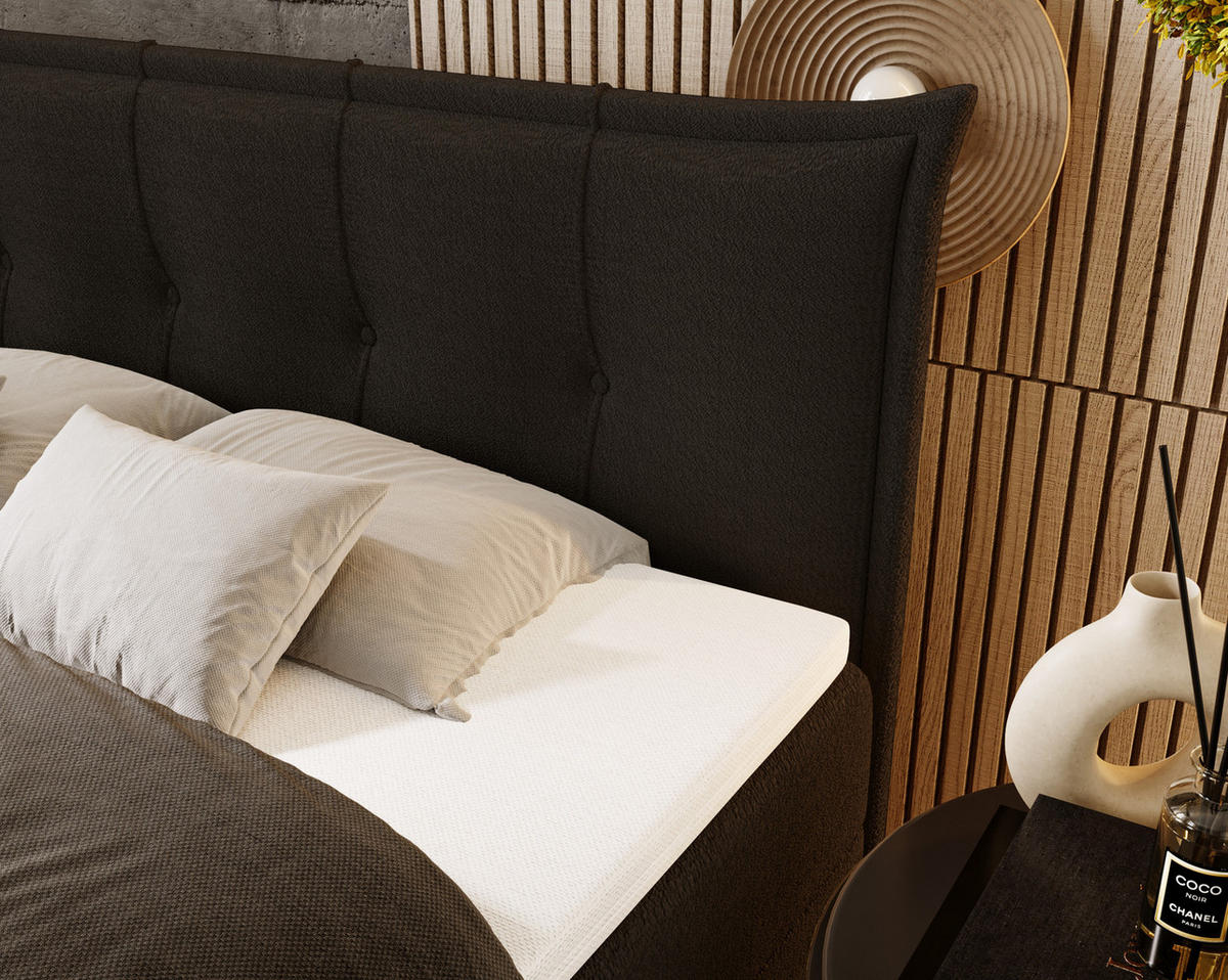BOXSPRINGBETT Boucle 200x200 Liron mit Kissen-Kopfteil und Matratze, Schwarz - Schwarz, Holz/Textil (200/200cm) - Emporius