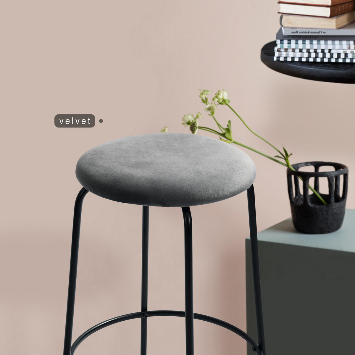 BARHOCKER 2er-Set Metallfüße, Samt, grau - Schwarz/Grau, Metall (36/73/37cm) - Urban Meuble