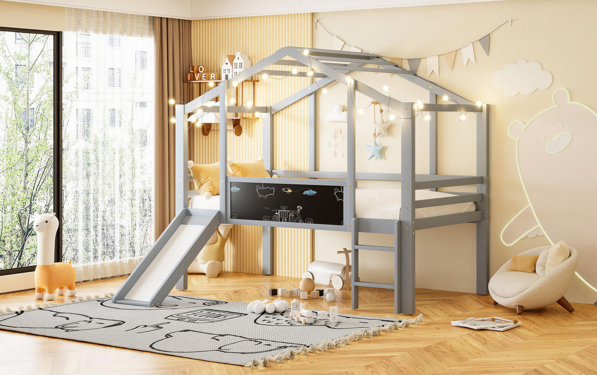 KINDERHOCHBETT Hausstil 90/200 cm, Grau mit Rutsche und Tafel - Grau, Holz (90/200cm) - MIVRAY
