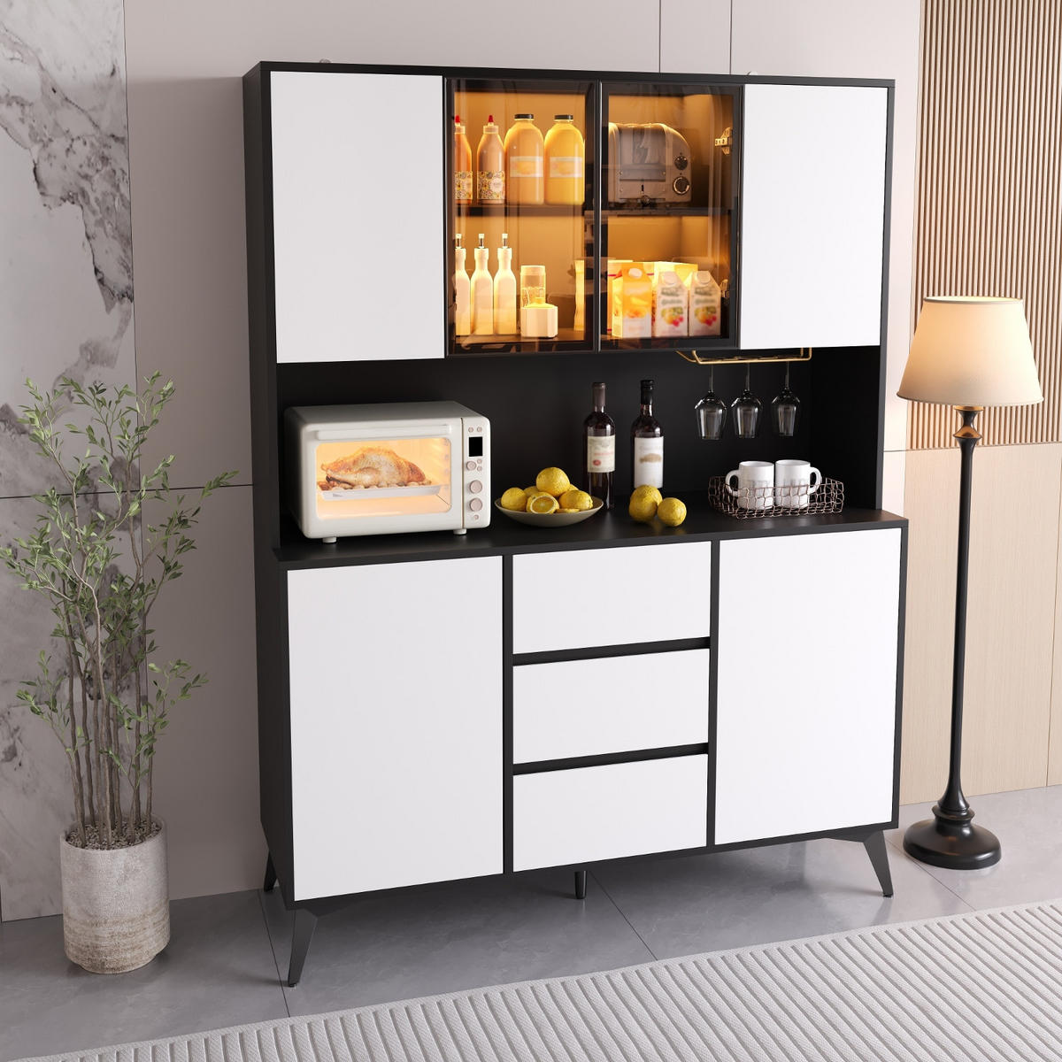 KÜCHENSCHRANK, 120/160/40 cm, MDF, Schwarz-Weiß, APP-GESTEUERTE LED-BELEUCHTUNG, für Esszimmer - Schwarz, Holzwerkstoff (40/160/120cm) - Rolipo