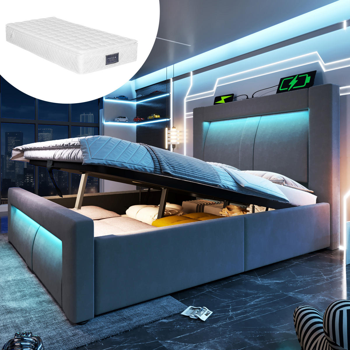 SAMT-POLSTERBETT 90/200 cm mit Bettkasten, LED-Beleuchtung und gepolstertem Kopfteil - Grau, Textil (90/200cm) - BEAOK