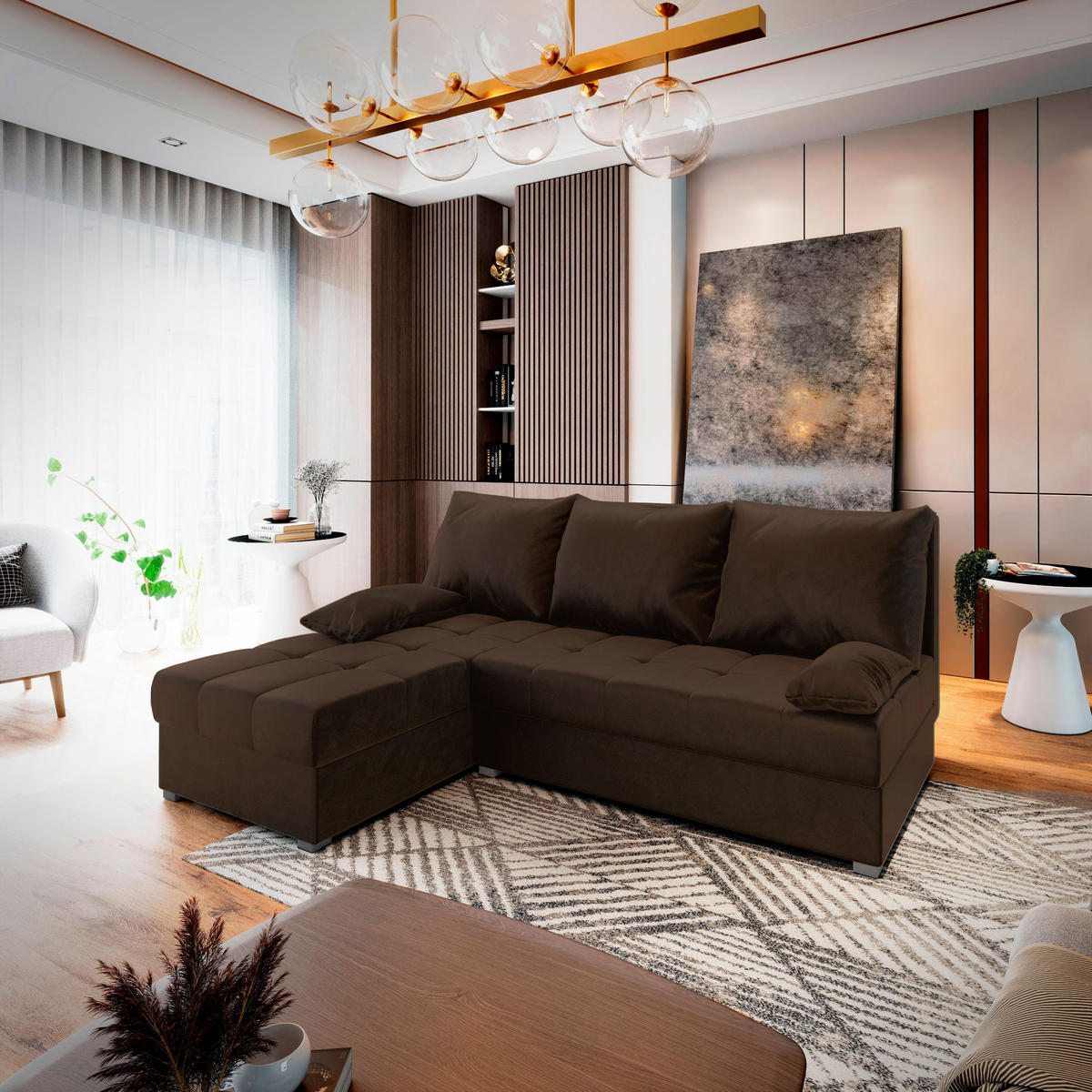 ECKSOFA RITA Braun Plüsch-Stoff mit Schlaffunktion - Braun, Holz (200/141cm) - MASSENO