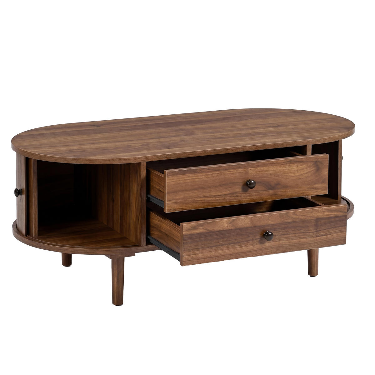 COUCHTISCH in Holzoptik Ovaler Wohnzimmertisch mit Schiebetüren und 2 Schubladen, 100 B / 50 T / 40 H(cm) - Dunkelbraun, Holzwerkstoff (50/100/40cm) - STILVORA