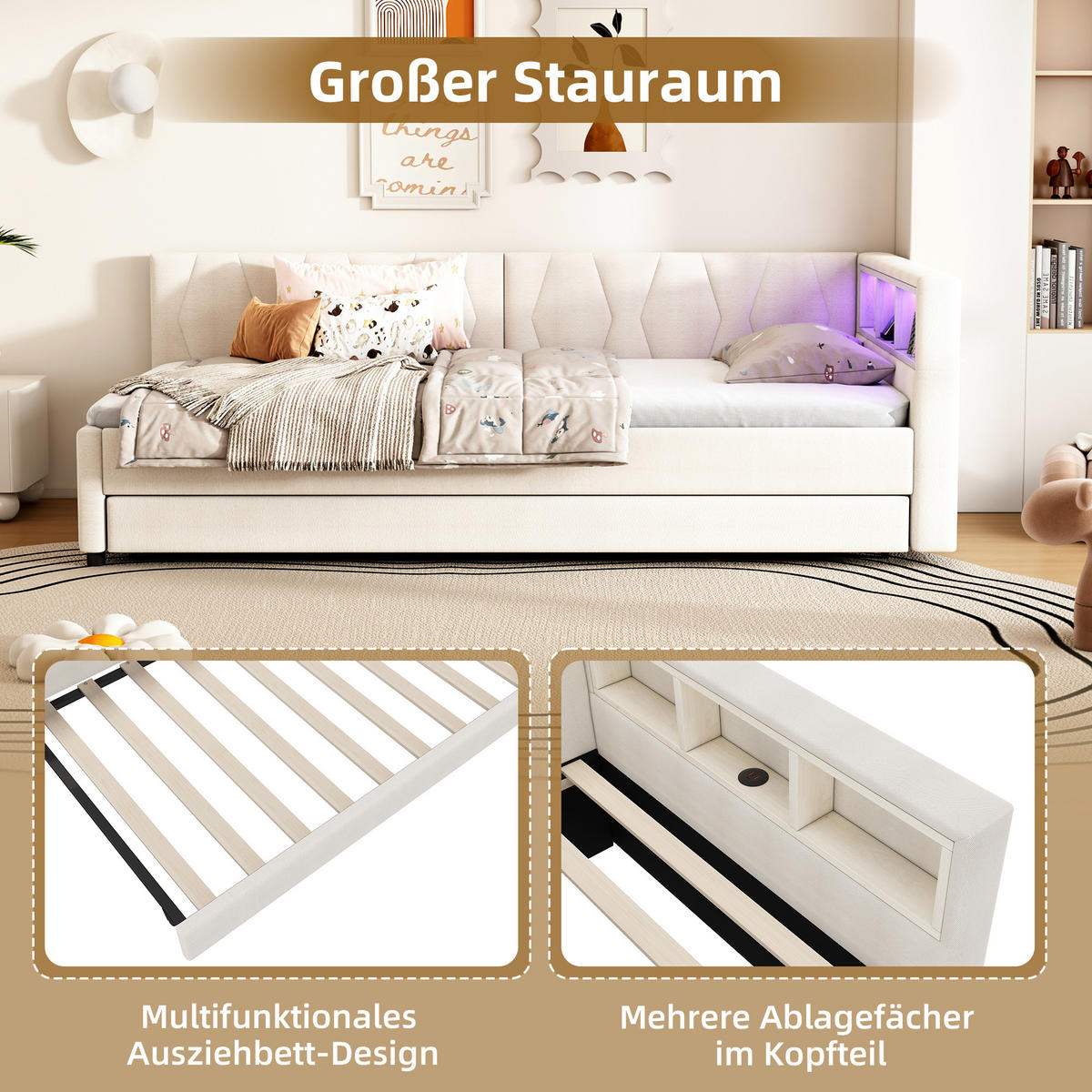 TAGEBETT 90x200cm Beige Leinen USB-C LED-Licht Ausziehbett - Beige, Holz (90/200cm) - FLIEKS