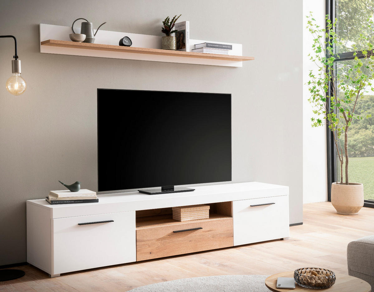 WOHNZIMMER-SET Wandboard weiß matt, Evoke Eiche, Wohnkombination 2-teilig, Soft-Close-Funktion - Eichefarben/Schwarz, Holzwerkstoff/Kunststoff (205/180/45cm) - Furn.Design