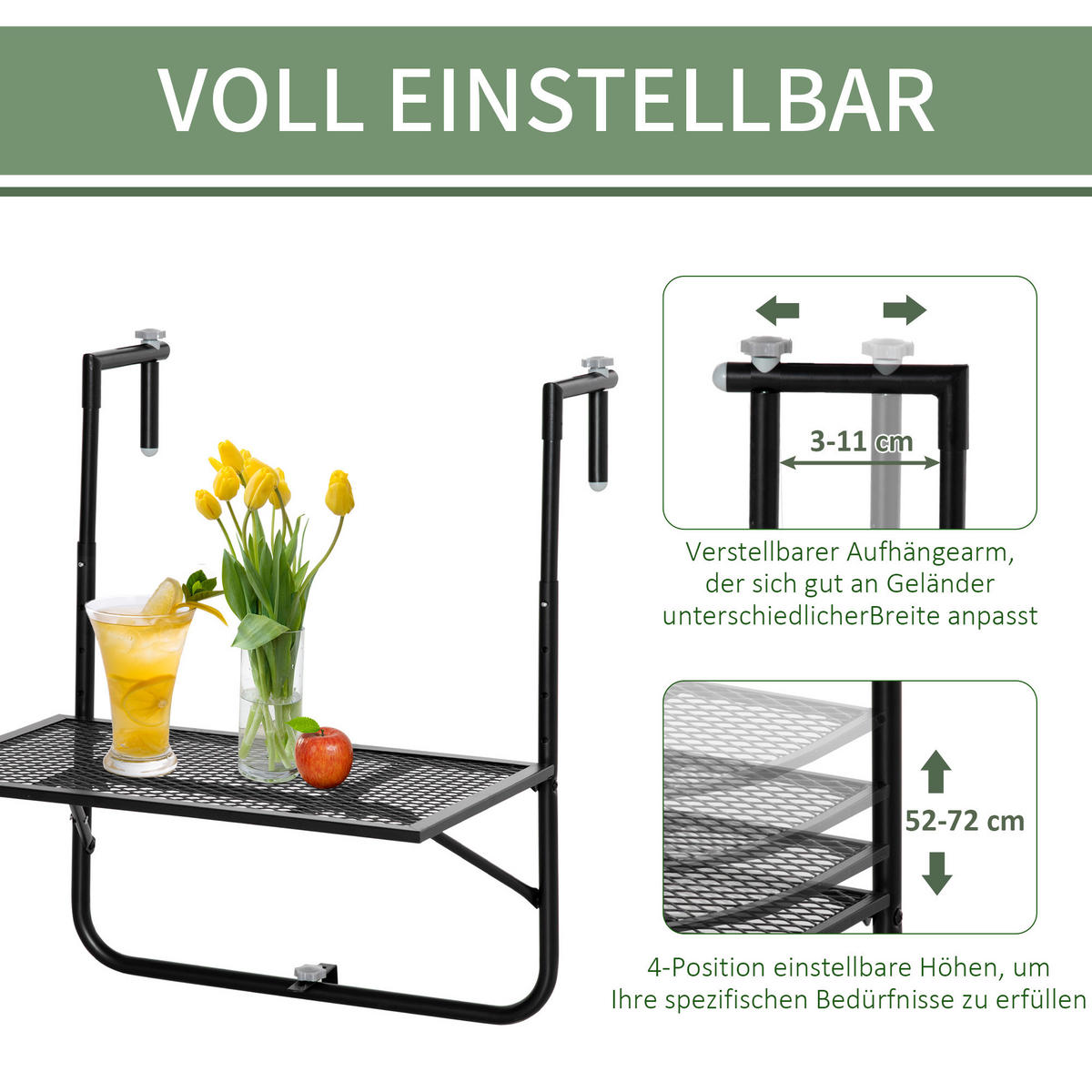 BALKONHÄNGETISCH klappbar aus Metall - Schwarz, Metall (60/60/72cm) - Outsunny