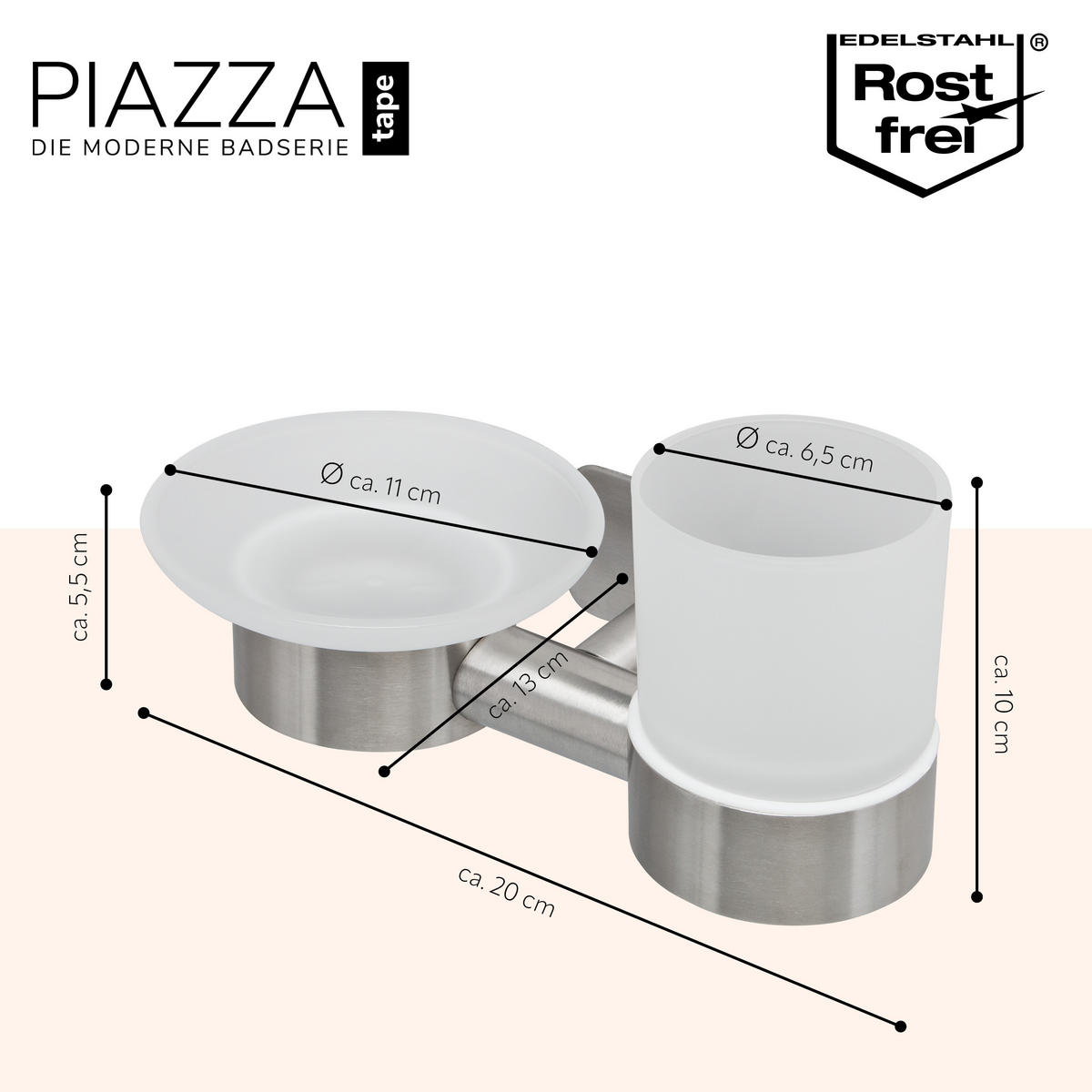 WANDHALTER PIAZZA TAPE mit Zahnputzbecher und Seifenschale, aus Glas und Edelstahl - Edelstahlfarben, Metall (20/10/13cm) - bremermann