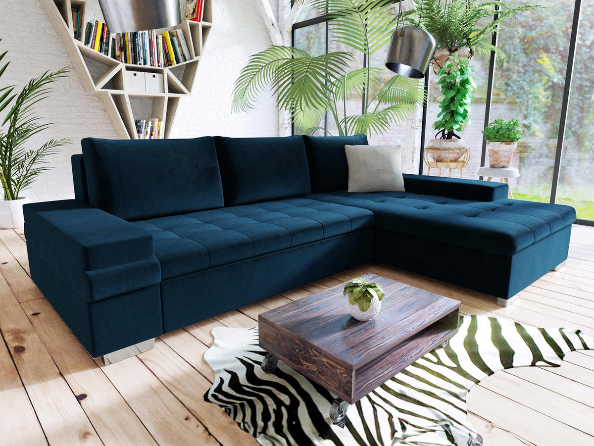ECKSOFA Bangkok Mini - Silberfarben/Dunkelblau, Holz/Textil (274/182cm) - MIRJAN24