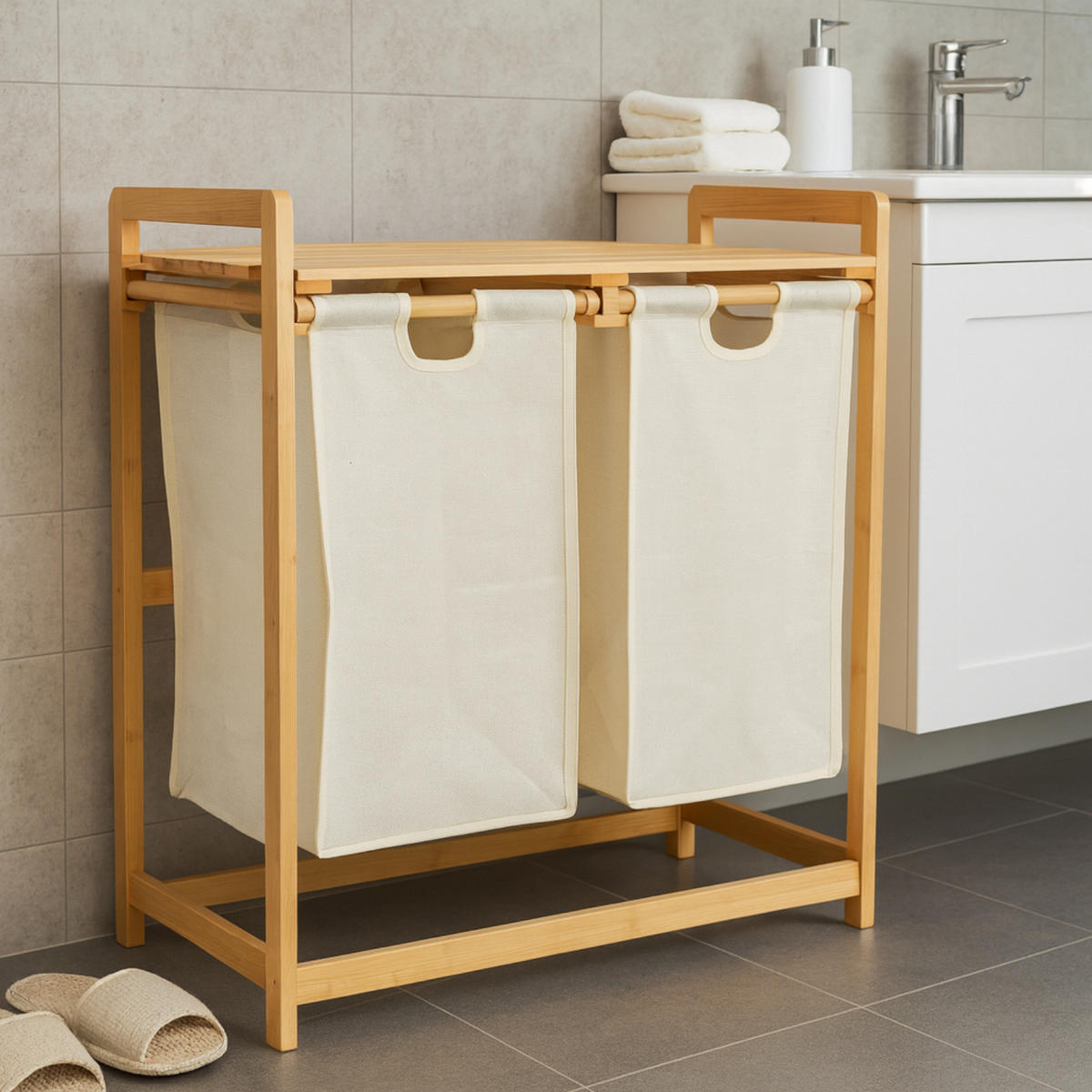 WÄSCHEKORB Bambus Textil Beige Naturfarben 2 Kammern 70x35x68 cm - Beige/Naturfarben, Holz/Textil (70/68/36.5cm) - Begryf