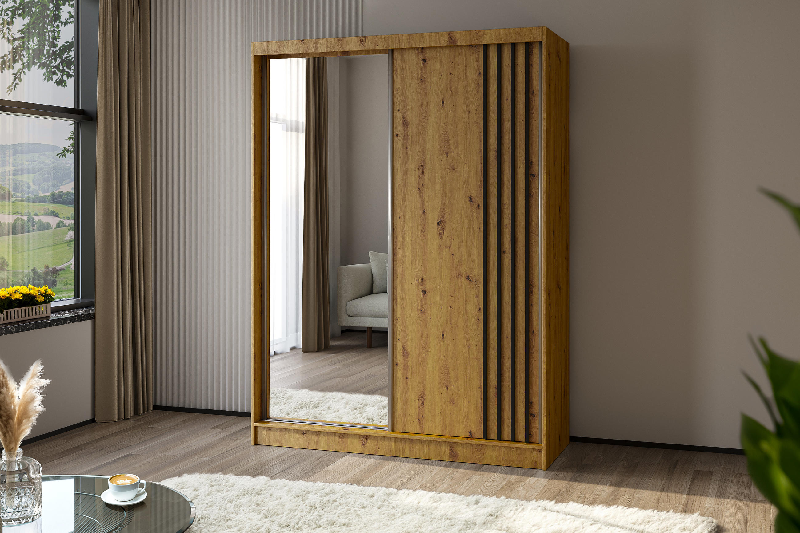 KLEIDERSCHRANK mit Spiegel-Schiebetüren und Aluminium-Leisten, LED-Beleuchtung - NALLA - 160 cm Artisan+Artisan+Schwarz - Schwarz/Eiche Artisan, Holzwerkstoff (160/216/61cm) - ALTDECOR