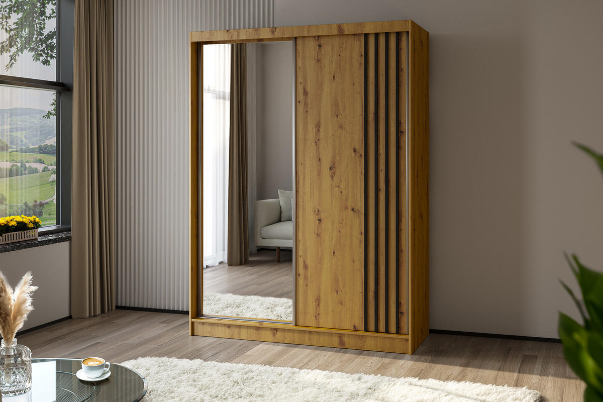 KLEIDERSCHRANK mit Spiegel-Schiebetüren und Aluminium-Leisten, LED-Beleuchtung - NALLA - 160 cm Artisan+Artisan+Schwarz - Schwarz/Eiche Artisan, Holzwerkstoff (160/216/61cm) - ALTDECOR