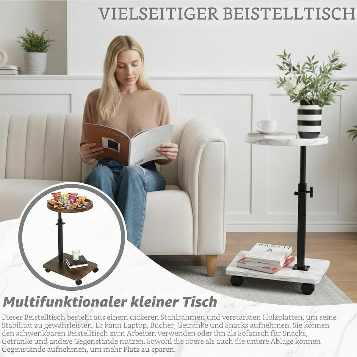 BEISTELLTISCH höhenverstellbar rund weißer Marmor 45,7-76,2 cm - Weiß, Metall (40/40/80cm)