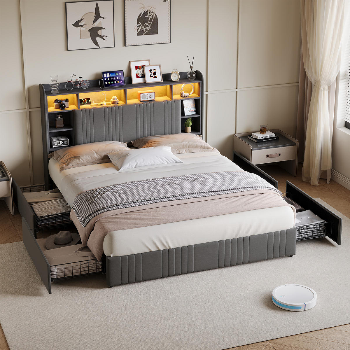 POLSTERBETT 140/200 cm Grau mit 4 Schubladen, LED-Kopfteil mit Ablage und USB - Grau, Metall (140/200cm) - EuroLiving