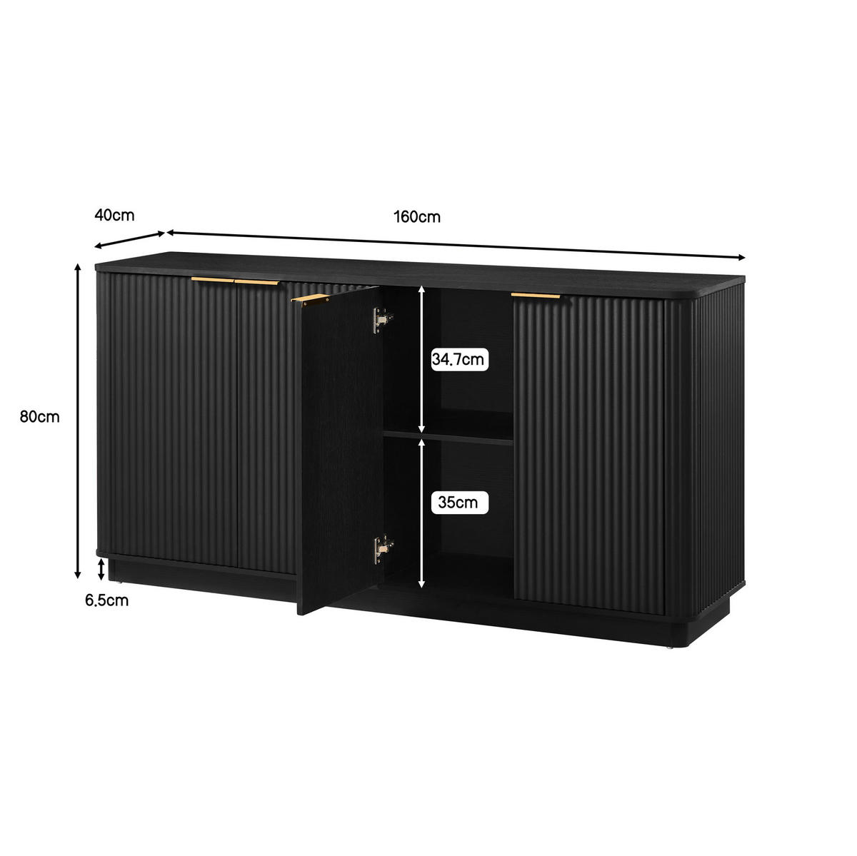 SIDEBOARD aus MDF 160x40x80 cm Schwarz mit 4 Türen und viel Stauraum in Wellenoptik - Schwarz, Holzwerkstoff (160/80/40cm) - Modfu