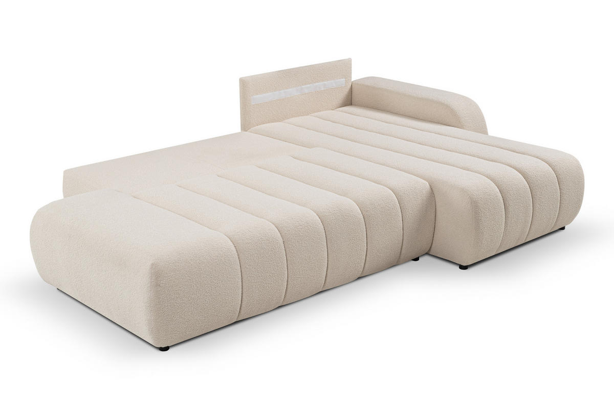 ECKSOFA Baloo mit Schlaffunktion und Bettkasten, komfortable Polsterung, Stoffbezug, lose Rückenkissen, freistehend, RECHTS, 276x176x88 cm, Cream - Creme, Holz/Textil (276/176cm) - DomoHome