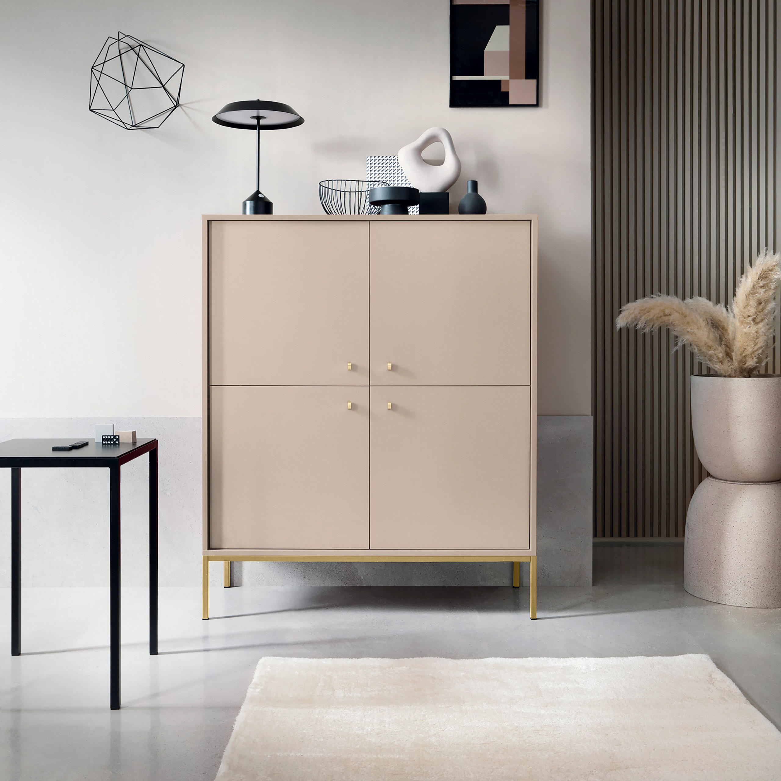 HIGHBOARD MONDO 104/125/39 cm mit 4 Türen Beige - Beige/Goldfarben, Holzwerkstoff (104/125/39cm) - MASSENO