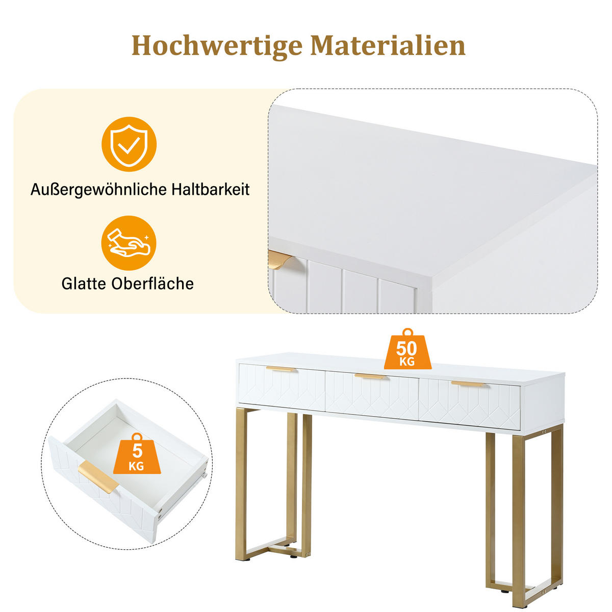 KONSOLENTISCH 120/36/80 cm weiß/gold aus MDF mit 2 Schubladen und verstellbaren Fußpolstern - Weiß, Holzwerkstoff (120/36/80cm) - OKWISH