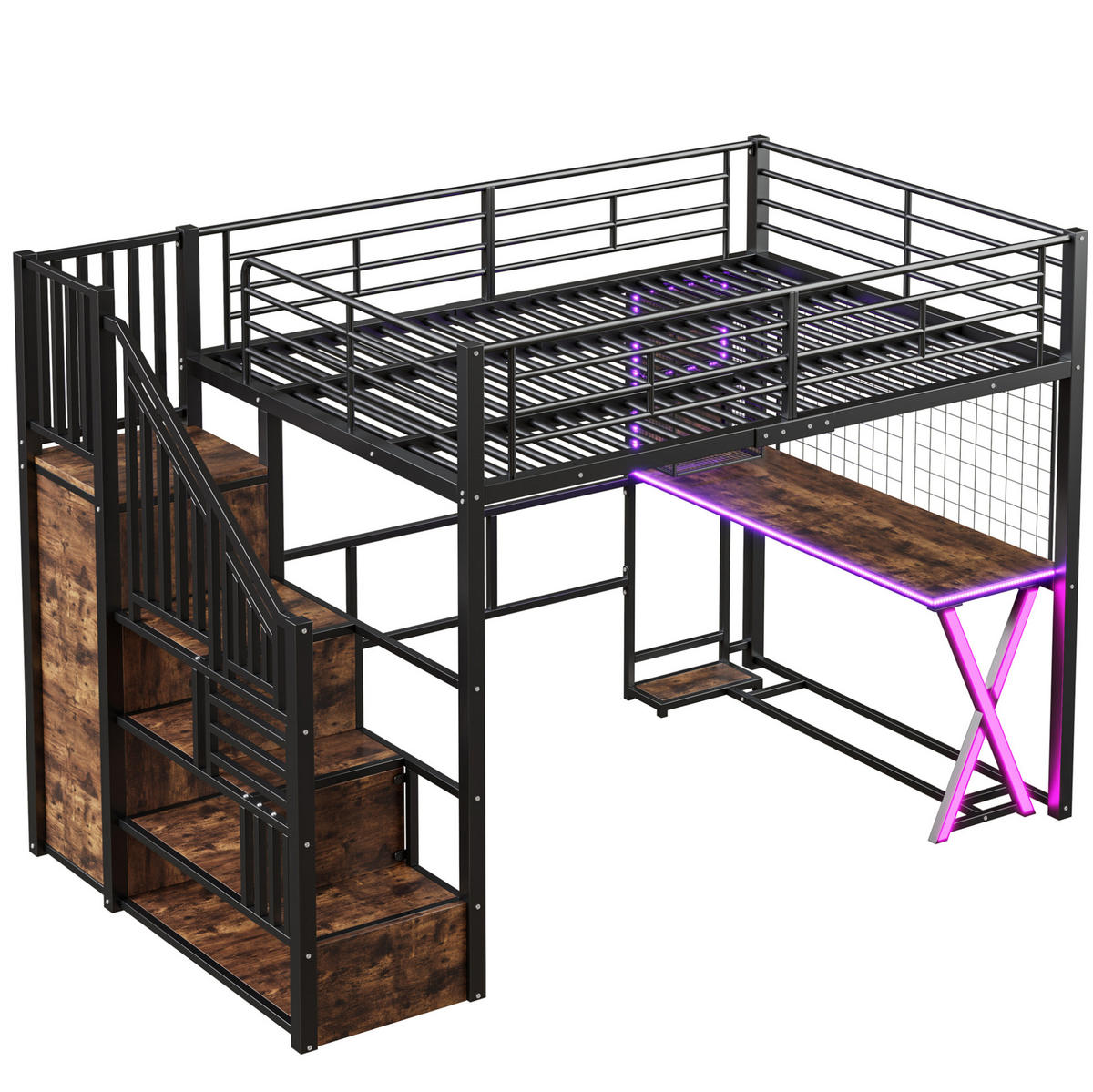 HOCHBETT 140/200 cm aus Metall und MDF mit LED-Beleuchtung, Ablageleiter, Schreibtisch, Kleiderschrank und Regalen, Schwarz - Schwarz, Holzwerkstoff (140/200cm) - Redom