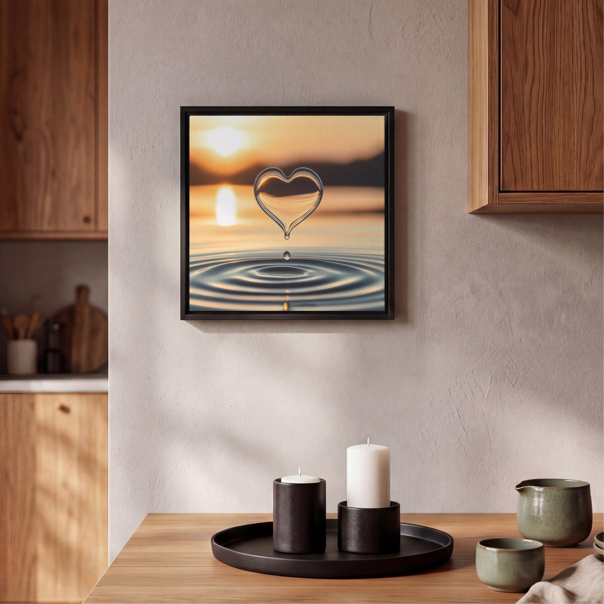 LEINWAND Bilder mit Rahmen - Herz - Wasser - Sonnenuntergang - Natur - Zen - 20x20 - Bernsteinfarben, Textil (20/20cm) - MuchoWow