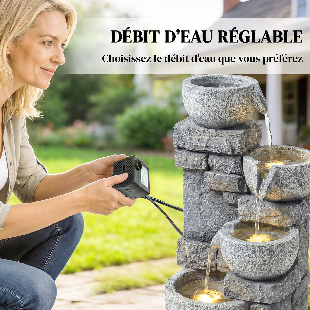 GARTENBRUNNEN DE-18872 4-stufige Kaskade mit LED Grau - Grau, Kunststoff (28/25/54.5cm) - ComfortXL