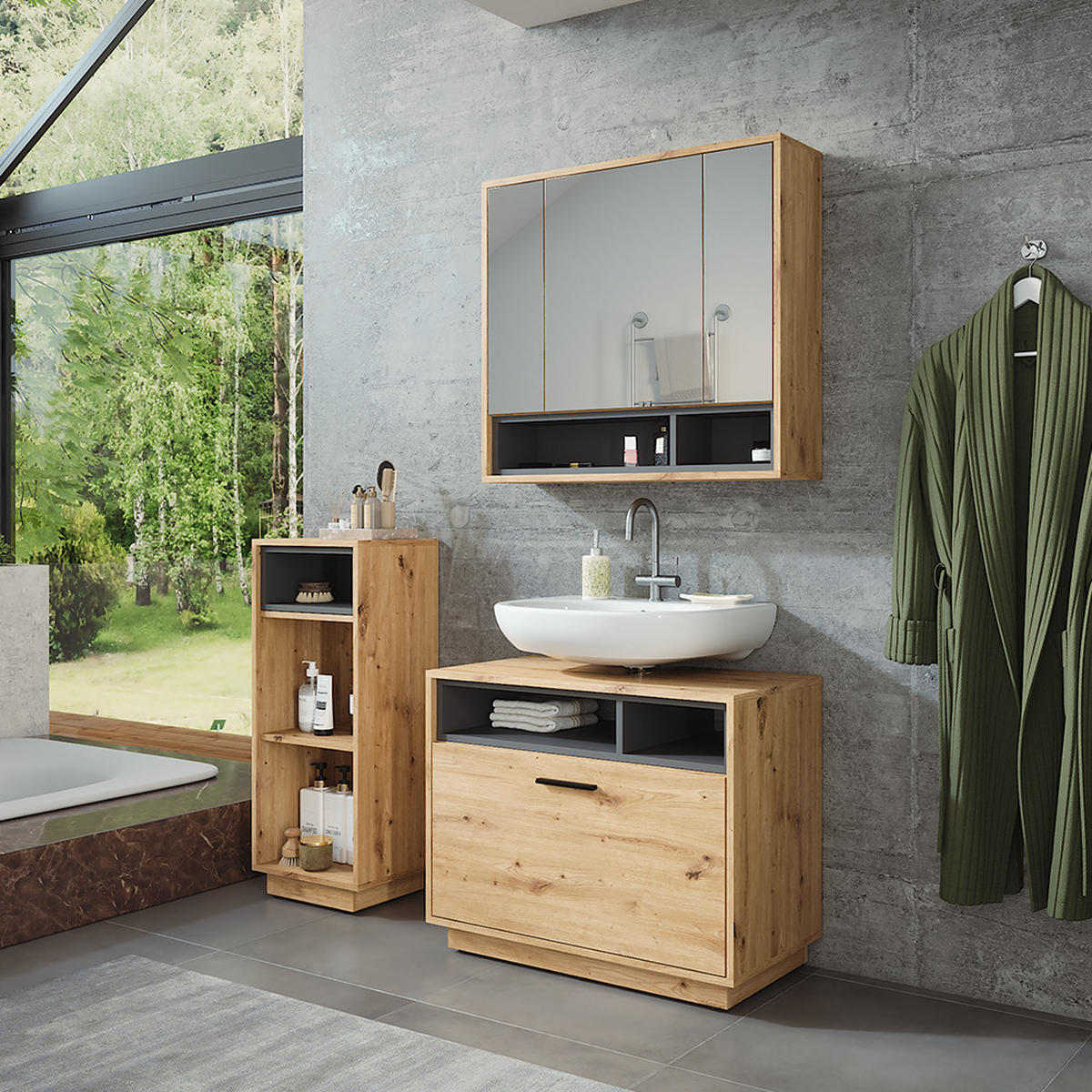 SADA KOUPELNOVÉHO NÁBYTKU Beatrice Dub Artisan/antracit - antracitová/dub artisan, kompozitní dřevo (80/64/35cm) - Vicco