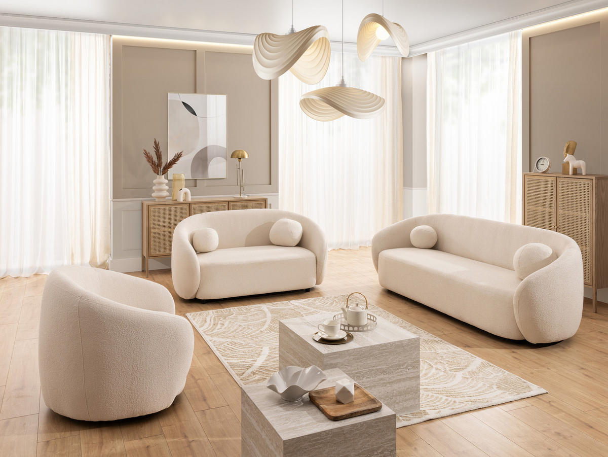SITZGARNITUR 2+1 Roundi Cremeweiß Bouclé - Creme/Schwarz, Holz/Kunststoff (150/76/80cm) - S-Style Möbel