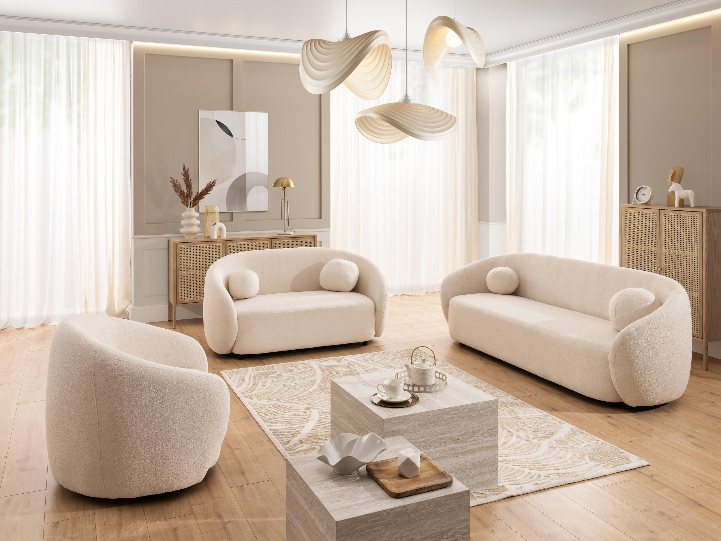 Thumbnail - S-Style Möbel Sitzgarnitur, Creme, Textil, Echtholz, Teilmassiv,Birke, 4-Sitzer, Füllung: Silikon, Rund, 208x76x80 cm, B...