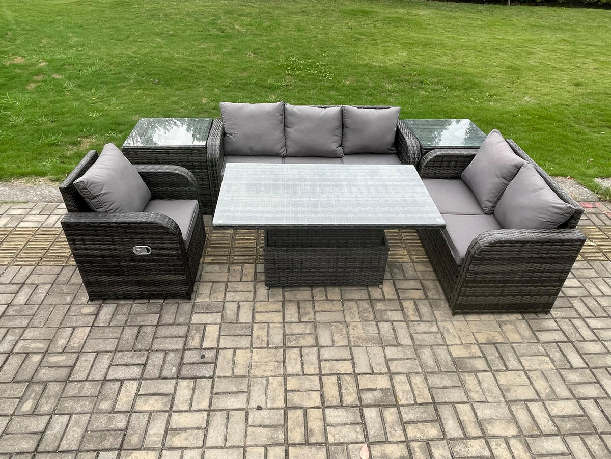 GARTENMÖBEL SET mit Höhenverstellbarer Esstisch 6-Sitzer Grau - Dunkelgrau/Grau, Glas/Kunststoff - Fimous