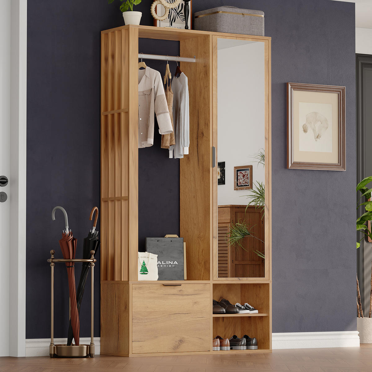 GARDEROBENSCHRANK 6 in 1 Spiegel 100cm Flur Holzfarbe - Naturfarben, Holzwerkstoff (100/190/33cm) - FLIEKS