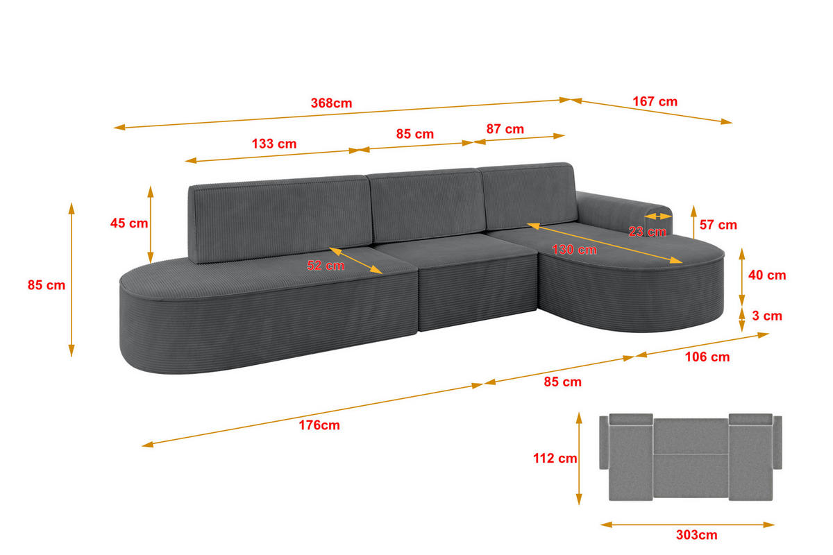 ECKSOFA mit Schlaffunktion Ottomane RECHTS MARI L2-S 368X167X85 Dunkelgrau Cord - Graphitfarben/Schwarz, Holzwerkstoff/Kunststoff (167/368cm) - ALTDECOR