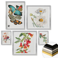 WANDBILDER 5er Set - 50x50 cm & 20x30 cm & 40x60 cm Silberner Rahmen - Blumen, Schmetterlinge, Vögel, Pastellfarben - Silberfarben, Kunststoff (40/60cm) - ArtPrintCave