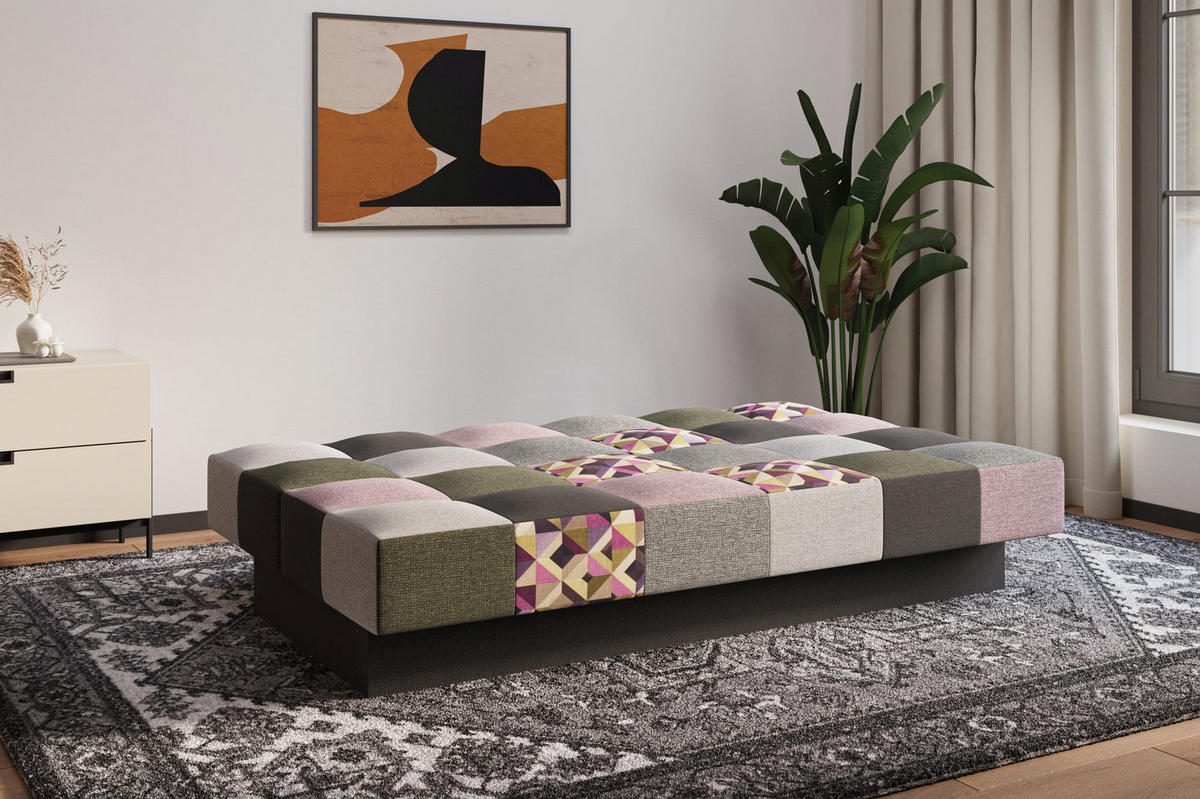 SCHLAFSOFA - Cyprus patchwork - Rosa + Oliv - Rosa, Holz (192/85/92cm) - Möblo