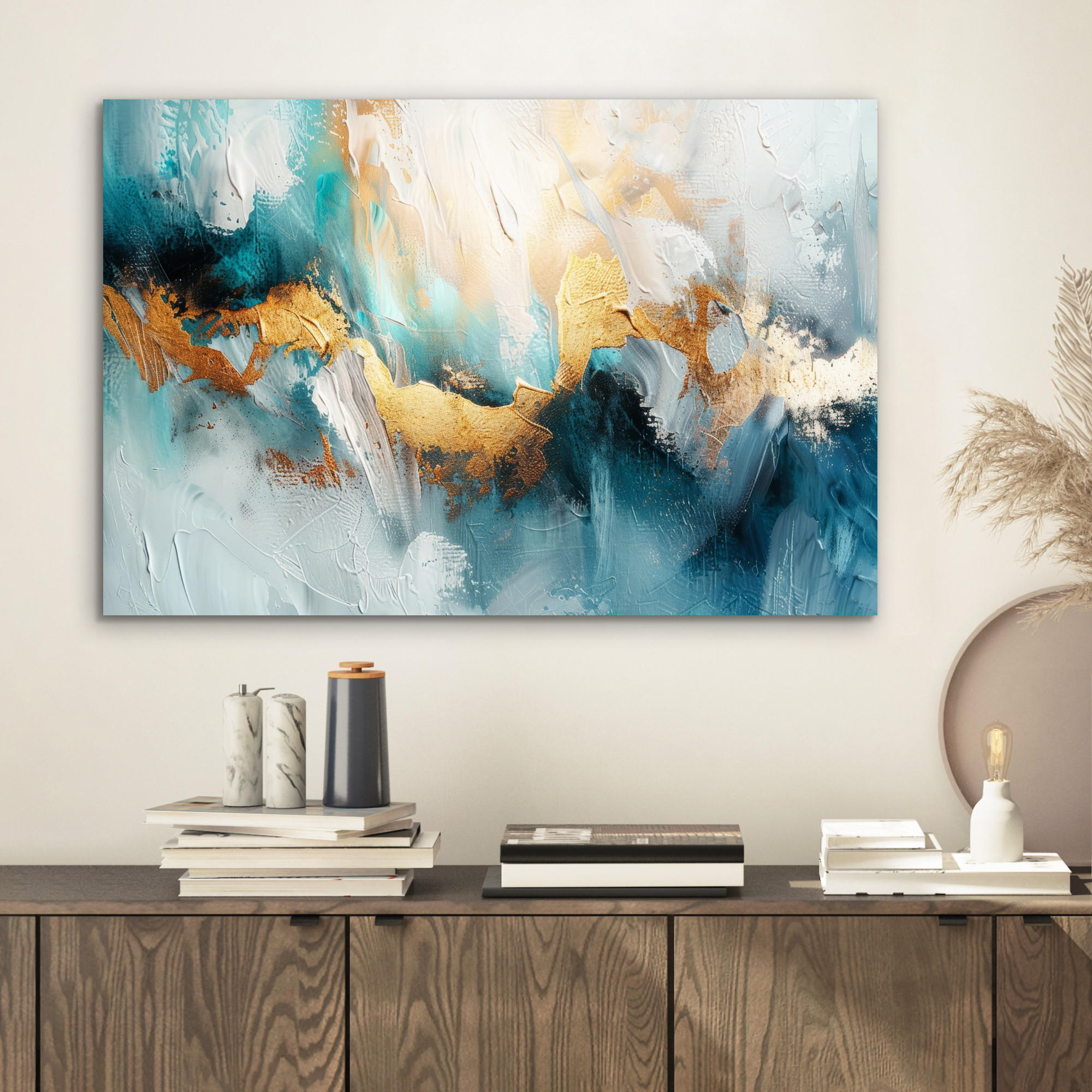 METALLBILD Abstrakt - Kunst - Gold - Blau 60x40 cm - Petrol, Metall (60/40cm) - MuchoWow