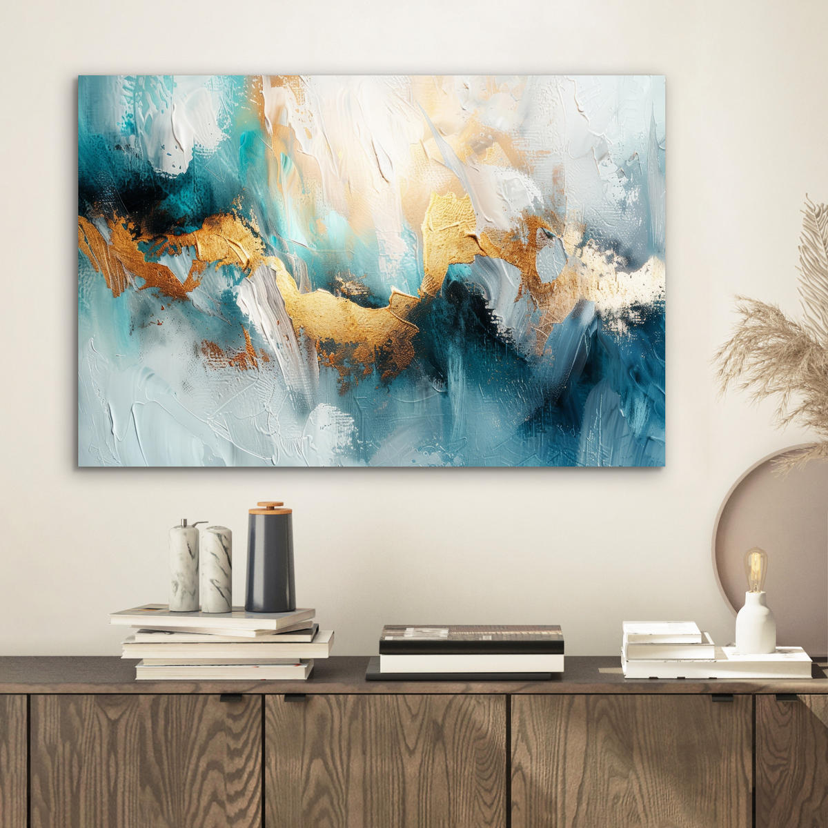 METALLBILD Abstrakt - Kunst - Gold - Blau 60x40 cm - Petrol, Metall (60/40cm) - MuchoWow
