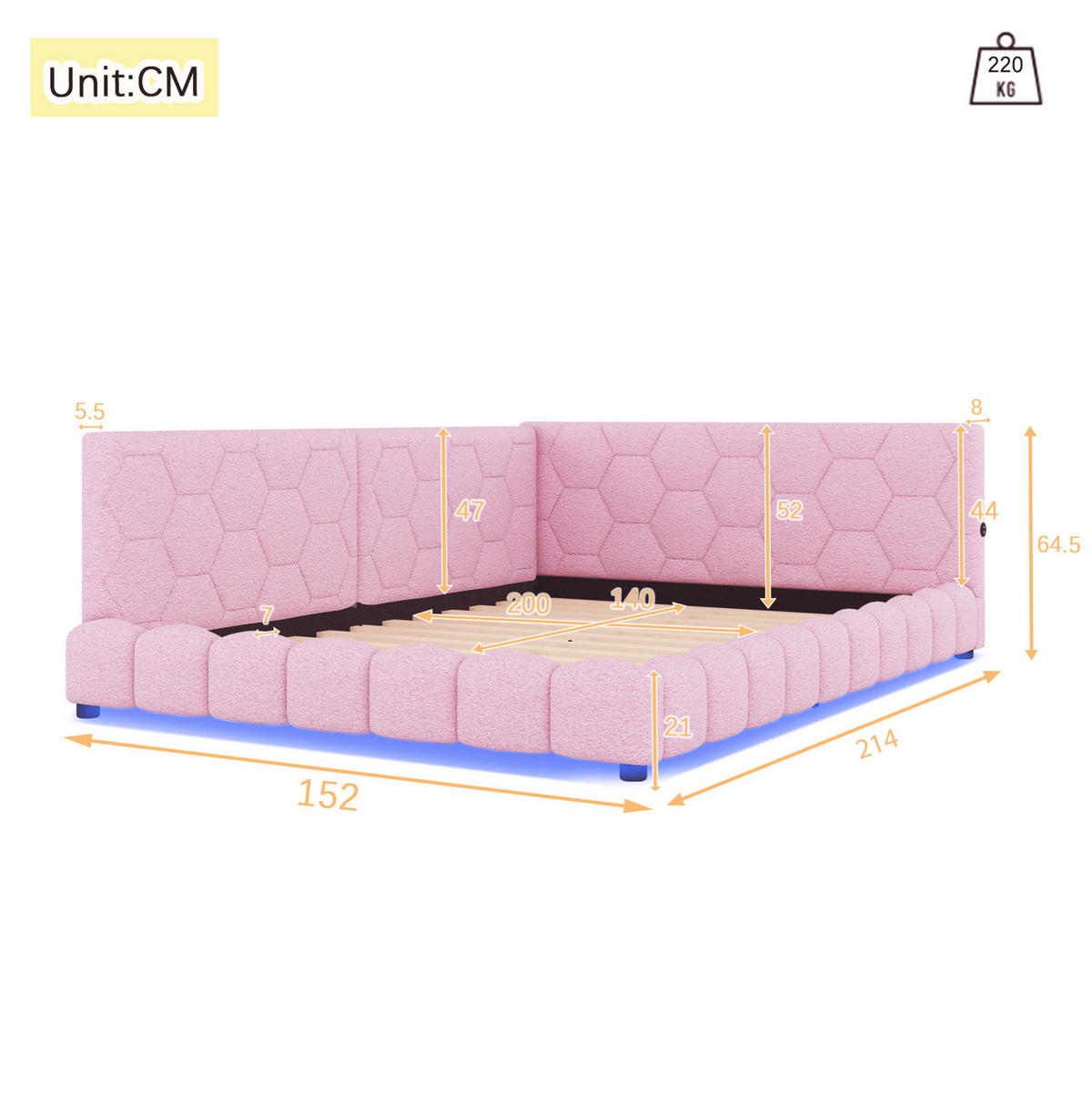 DNEVNI krevet 140/200 cm ružičasti od baršuna s LED rasvjetom, USB i Type-C priključkom - ružičasta, tekstil (140/200cm) - OKWISH