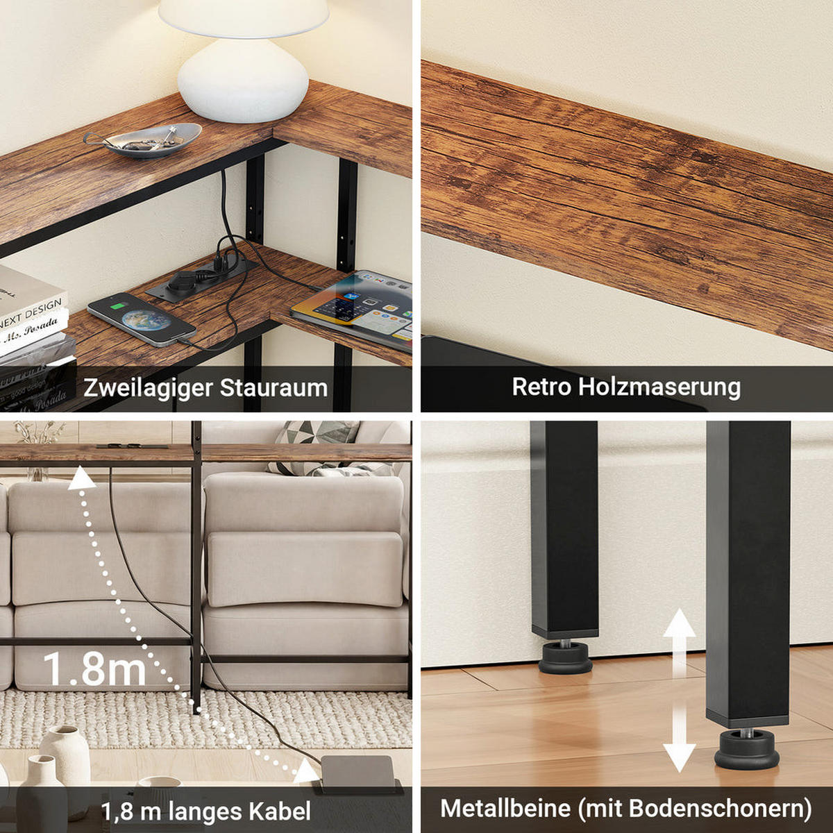 ECKKONSOLENTISCH mit integrierter Steckdose schmal 180x20x100 cm - Braun, Holzwerkstoff/Metall (80/120/101cm) - SoBuy