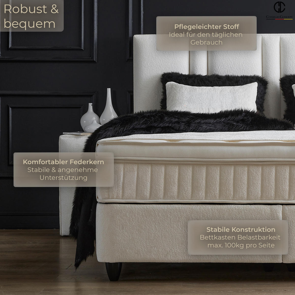 BOXSPRINGBETT MIT BETTKASTEN AURORA 140/200 cm, Beige, Bettkasten, Matratze, Topper integriert, H3 mittel - Beige/Schwarz, Holz/Kunststoff (140/200cm) - Consilio Concept