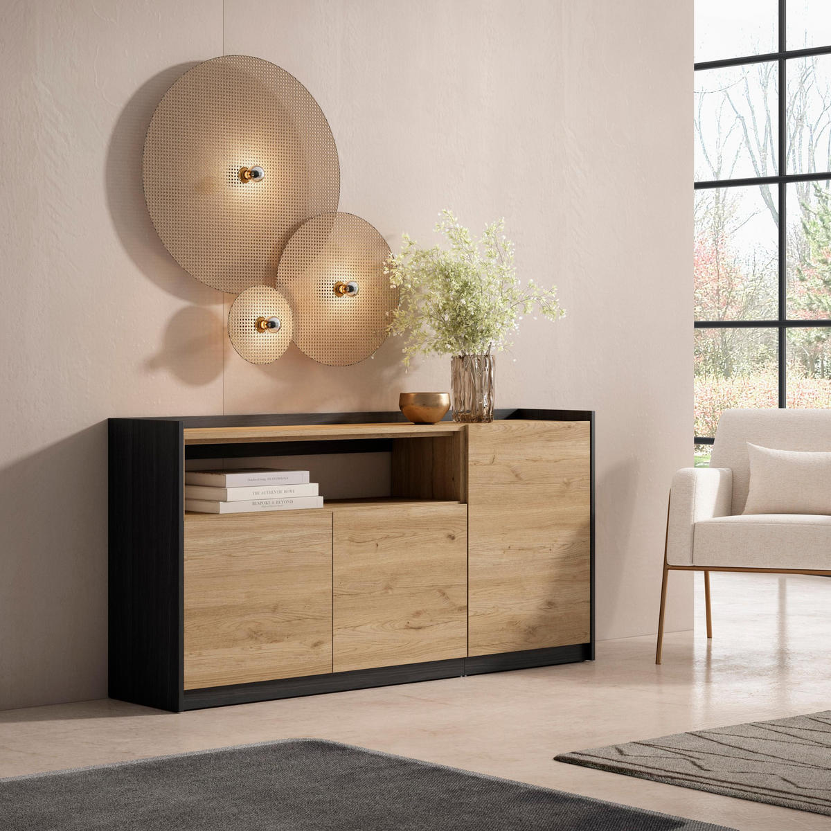SIDEBOARD, Highboard, Eiche Schwarz, 156/37/80cm - Eichefarben, Holzwerkstoff (156/80/37cm) - Skraut Home