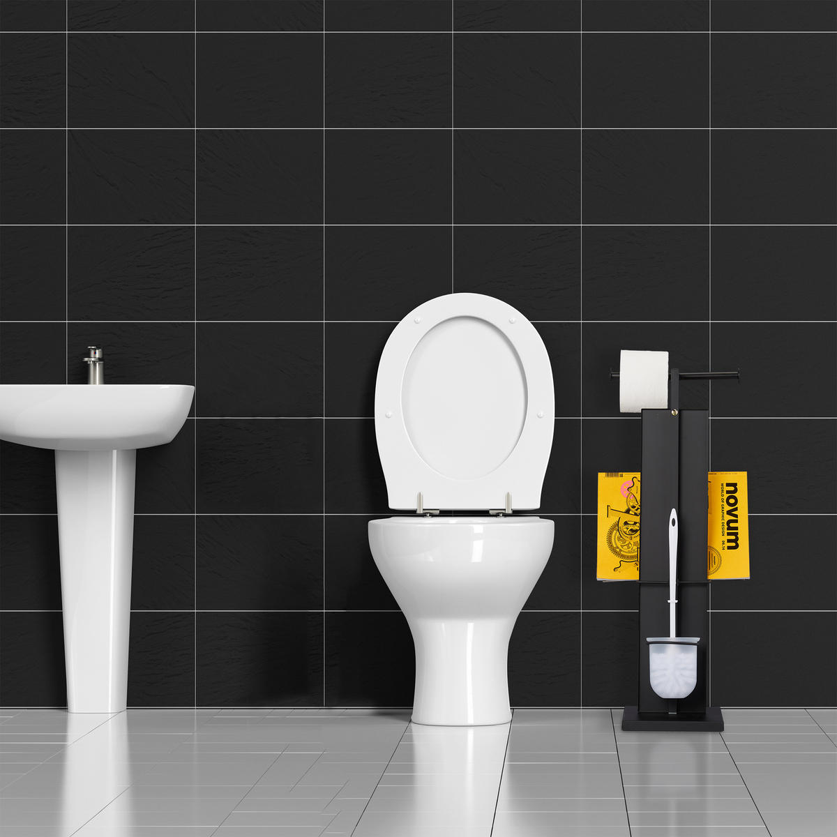 WC Garnitur - Schwarz, Kunststoff/Metall (25.5/70/20cm) - Relaxdays