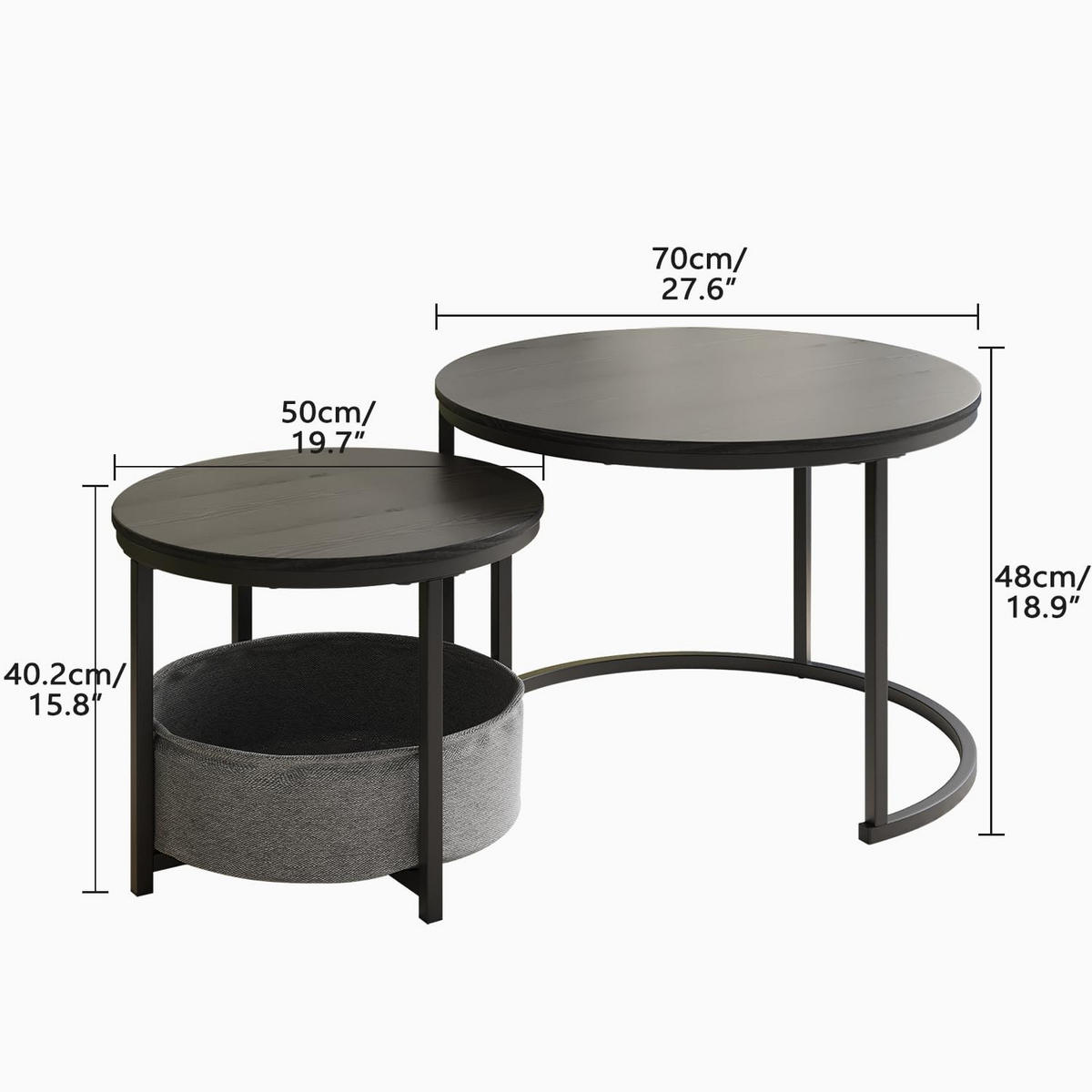 COUCHTISCH-SET DE-37291 2er-Set rund mit Aufbewahrungstasche Schwarz - Schwarz, Metall (70/70/49cm) - ComfortXL