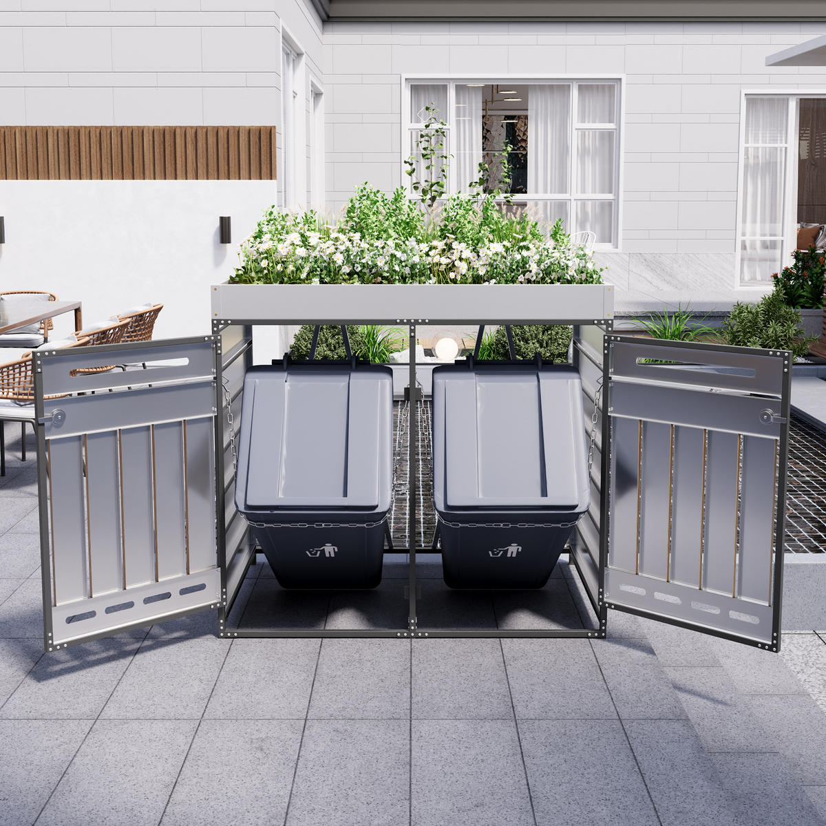 MÜLLTONNENBOX Pflanzkasten Holzoptik Belüftung Schloss - Schwarz, Metall (131/120/79cm) - LEBENLANG