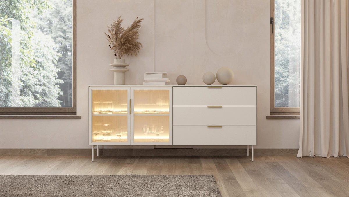 SIDEBOARD Lumi 2-türig mit Glasfronten Kaschmirgrau 181 cm - Taupe/Goldfarben, Holzwerkstoff/Metall (181.3/82.6/39.3cm) - Selsey