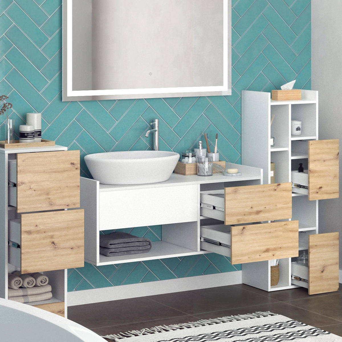 BADMÖBEL-SET Alf Weiß 4 Teile - Eichefarben/Weiß, Holzwerkstoff (105/45/43cm) - Vicco