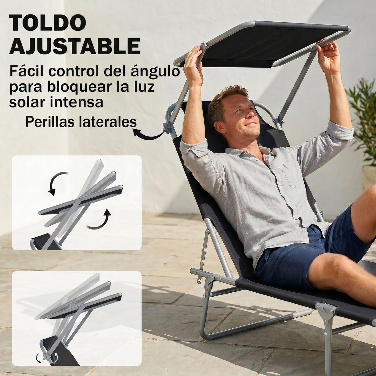 SONNENLIEGE Klappbare Gartenliege mit Sonnendach und verstellbarer Rückenlehne 187 x 58 x 36 cm ,Schwarz - Schwarz, Metall (58/77/187cm) - Vallsero